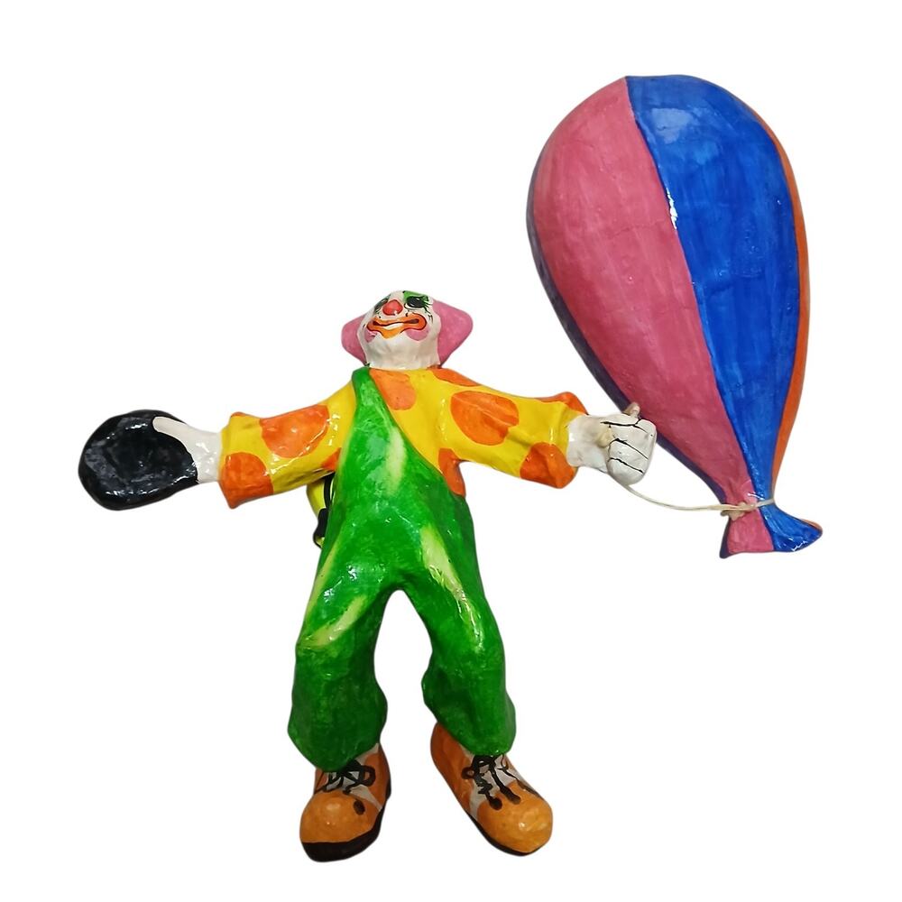 Handmade Colorful Paper Mache Clown Figurine with Balloon Vintage Circus Decor